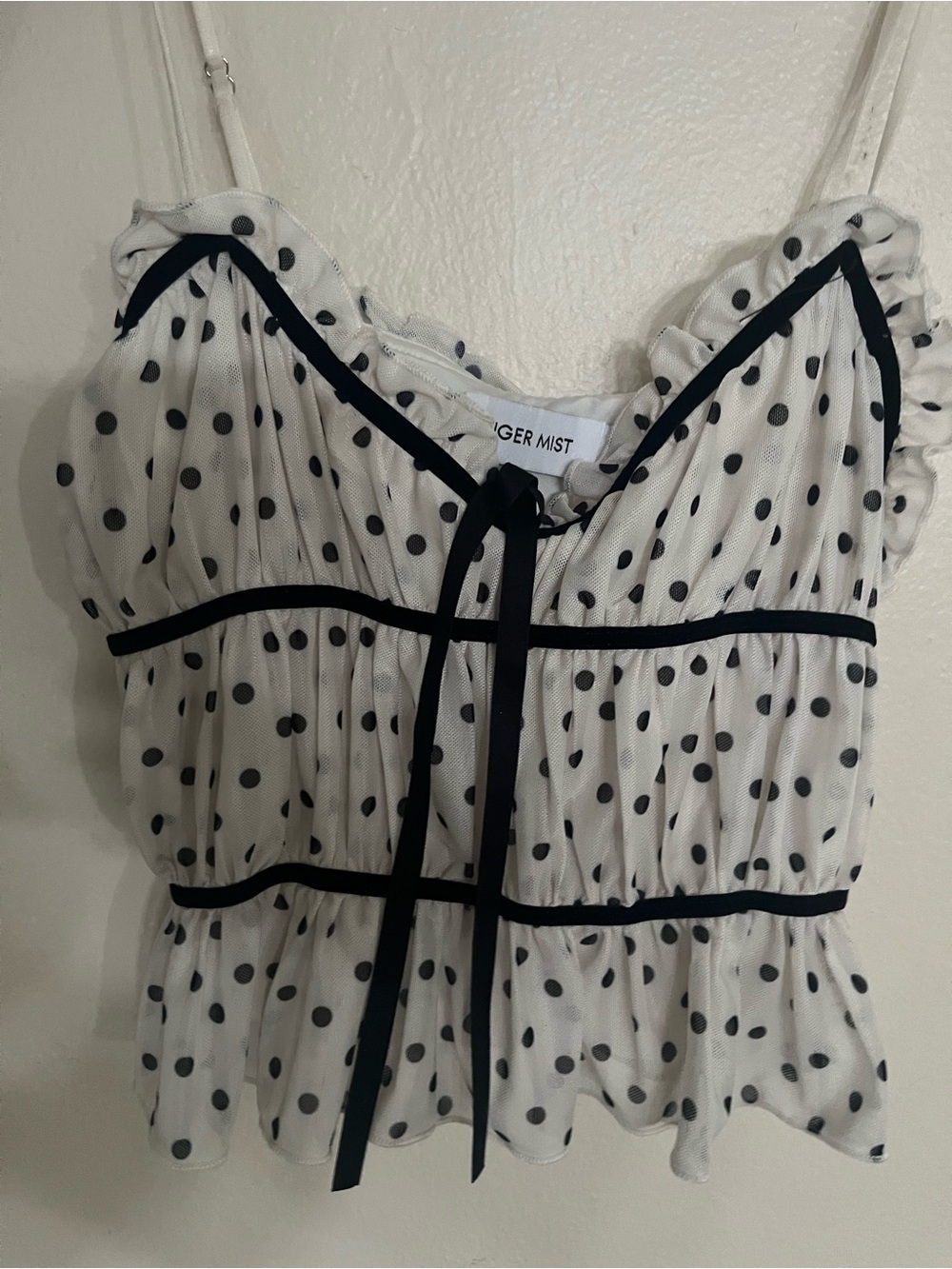 Tiger Mist White Polka Dot Ruffle Cami with Black Trim